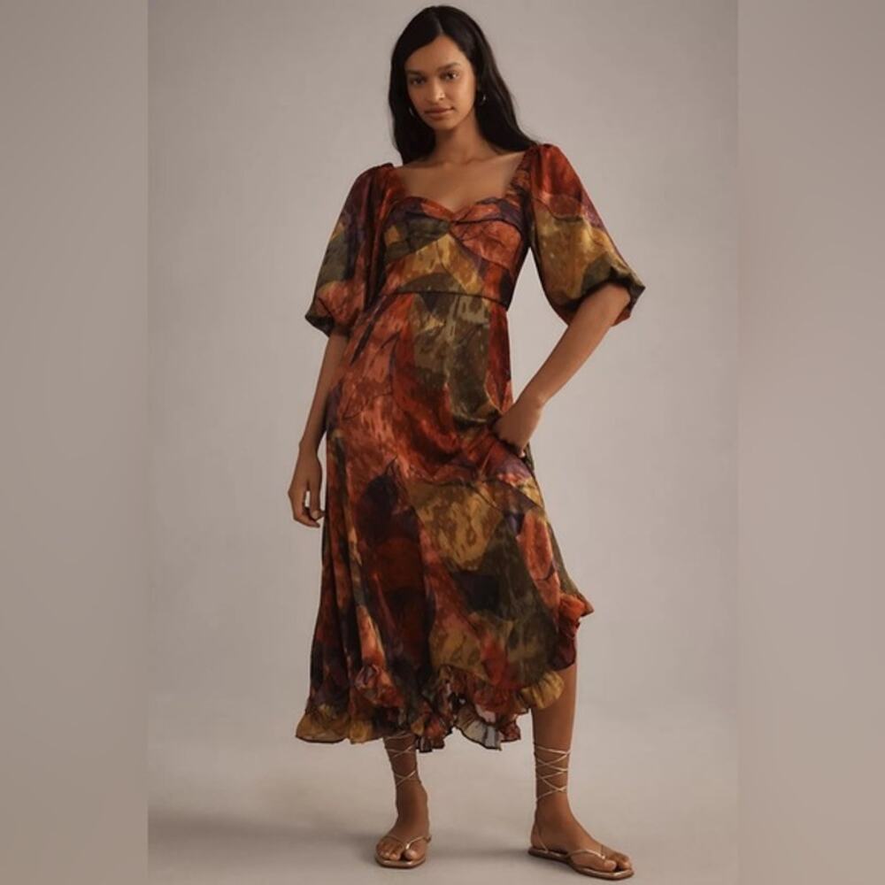 Hutch Printed Twist-Front Puff-Sleeve Ruffle-Hem Dress